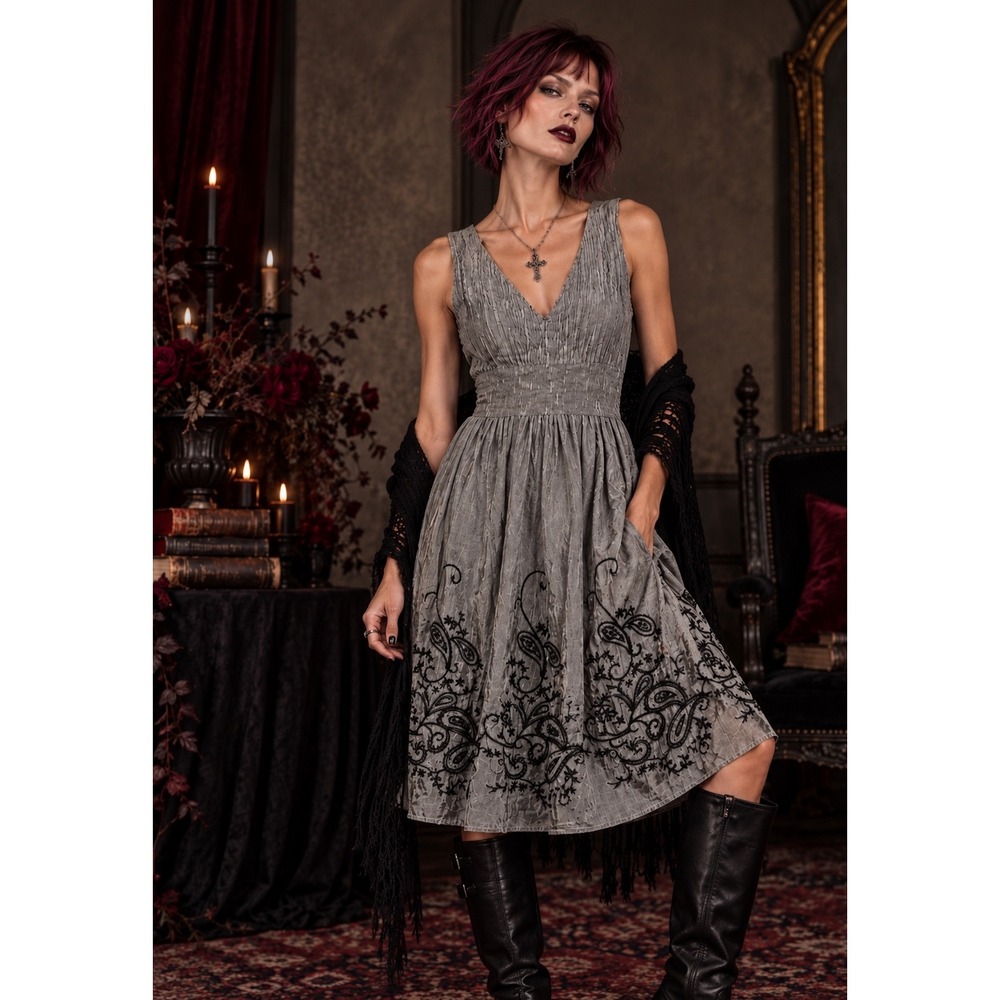 Lapis Textured Embroidered Dress S Gray Black Boho Lagenlook Soft Grunge